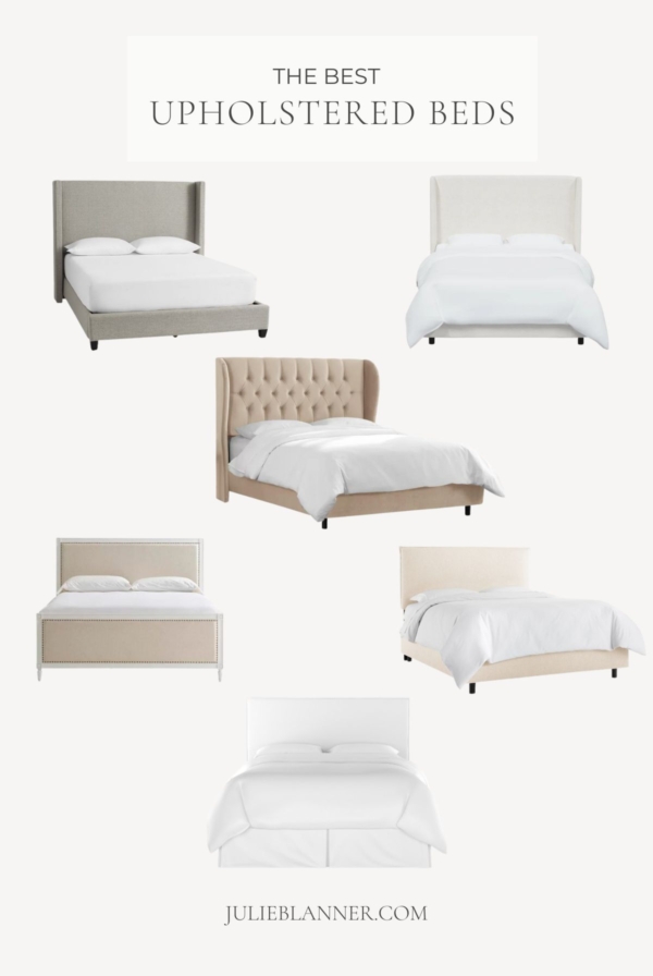 A graphic featuring several different images of upholstered beds. Title against a cream background reads 