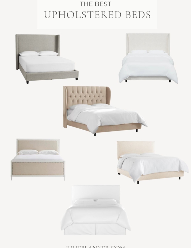 A graphic featuring several different images of upholstered beds. Title against a cream background reads "The Best Upholstered Beds". Image is attributed to www.julieblanner.com at the base.