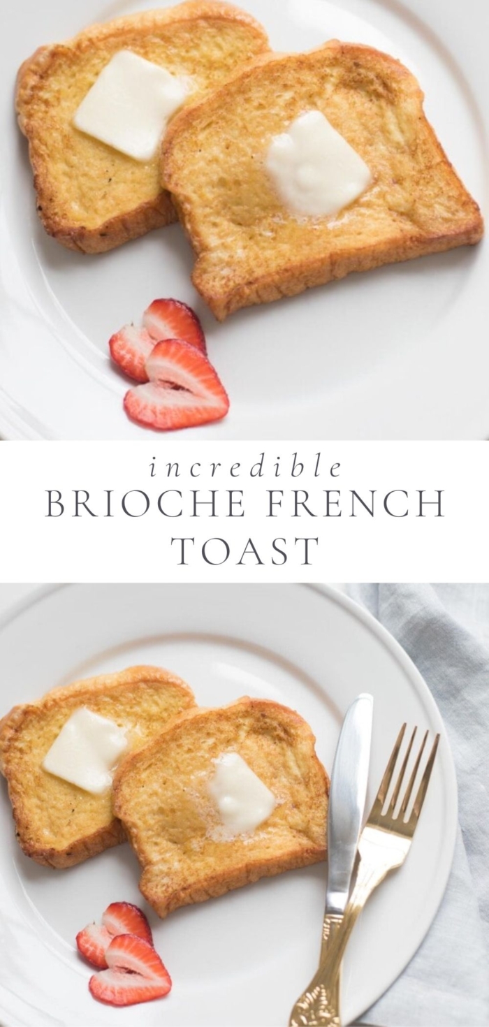 French Toast made from brioche is on a white plate with cut strawberries and golden utensils.