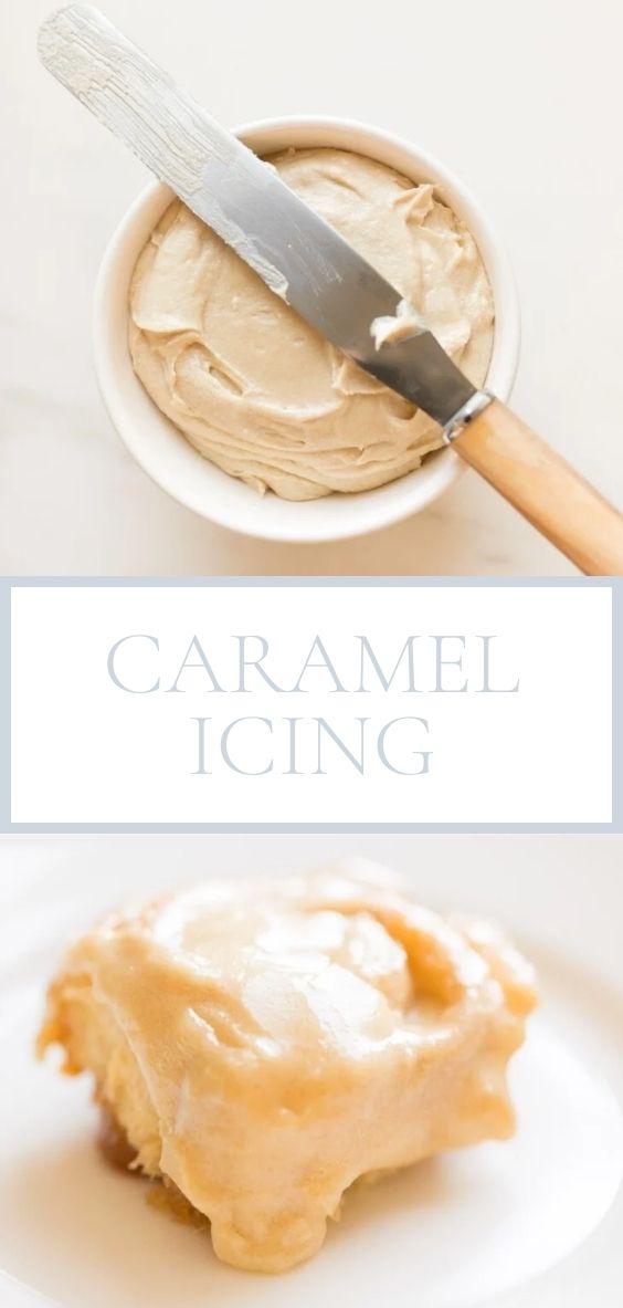 On a marble counter, there is a round white bowl of caramel icing and a spread knife and below is a picture of a cinnamon roll slice covered in caramel icing.
