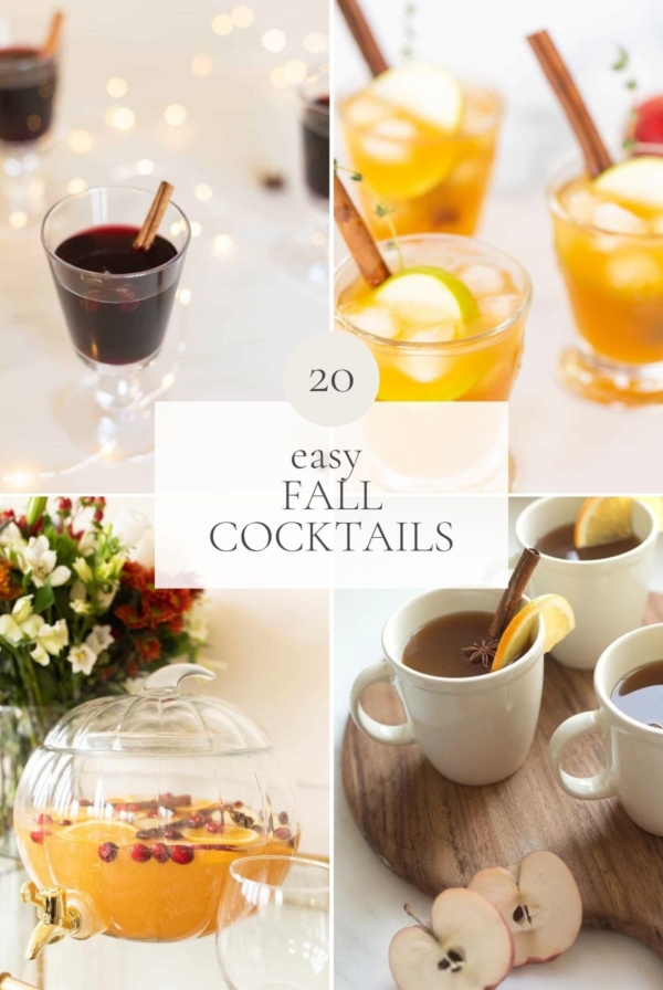 A graphic featuring a variety of fall drinks. Title reads "20 Easy Fall Cocktails"