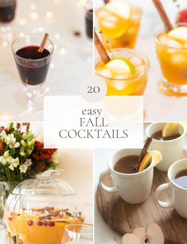 A graphic featuring a variety of fall drinks. Title reads "20 Easy Fall Cocktails"