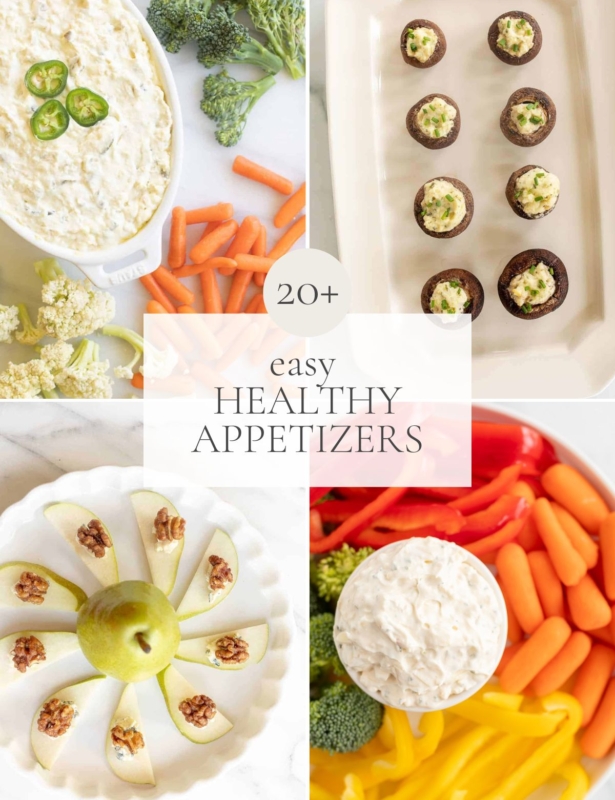 A graphic image featuring four different kinds of healthy appetizers, title reads "20+ easy healthy appetizers"
