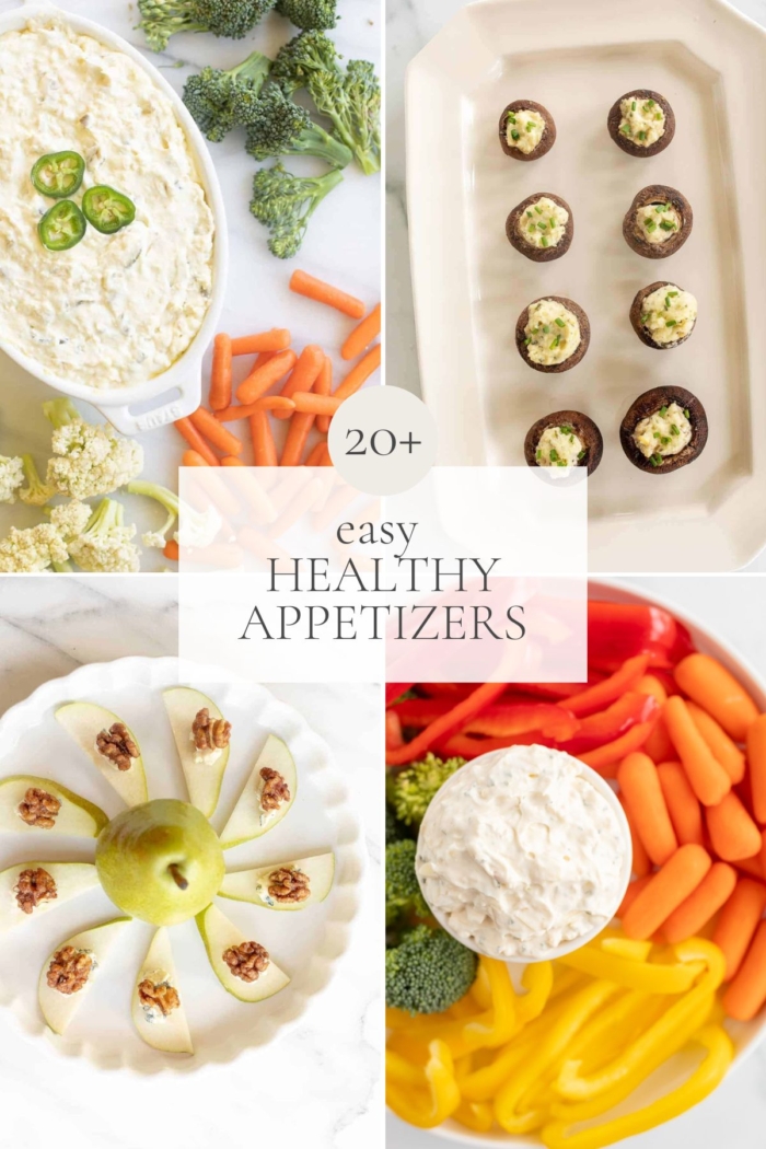 A graphic image featuring four different kinds of healthy appetizers, title reads "20+ easy healthy appetizers"