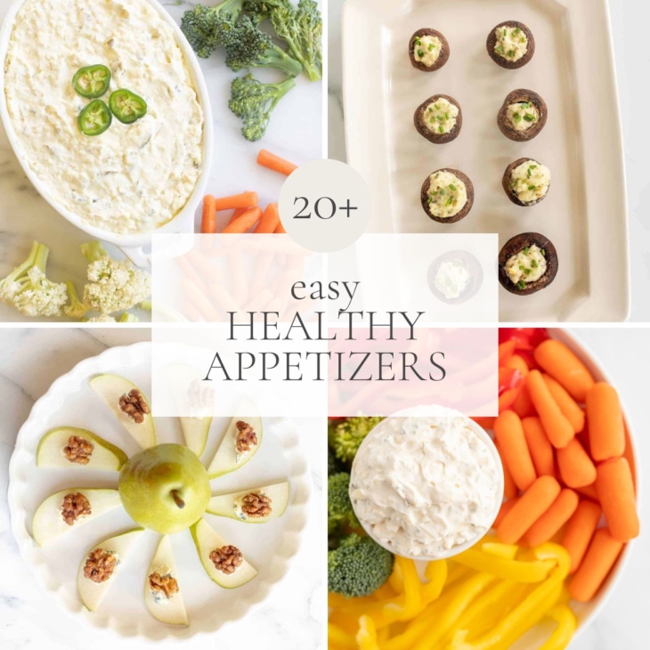 A graphic image featuring four different kinds of healthy appetizers, title reads "20+ easy healthy appetizers"