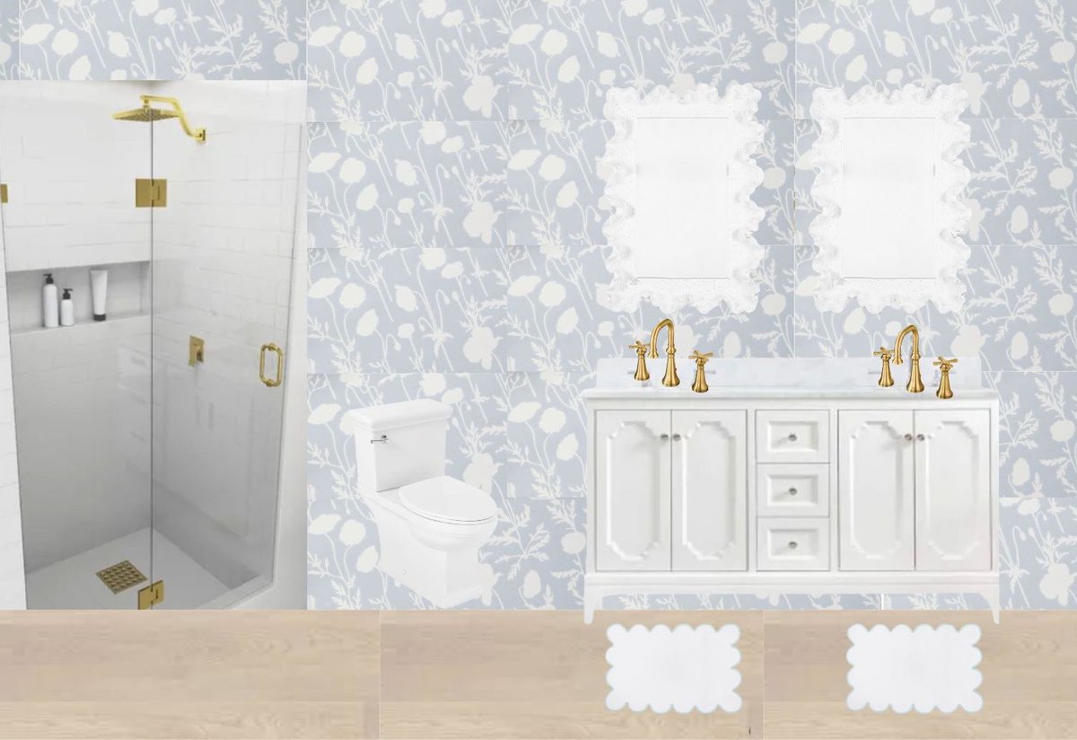 bathroom mood board with white vanity and mirrors, blue patterned wallpaper