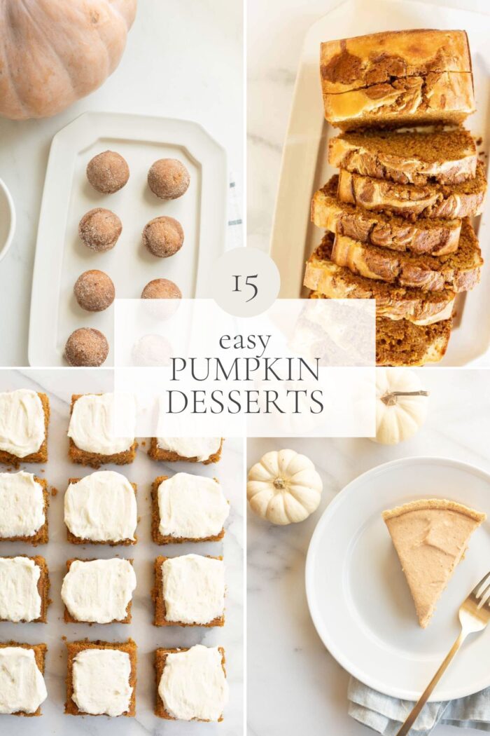 A graphic image with four different pumpkin dessert recipes. Center headline reads "15 easy pumpkin desserts".