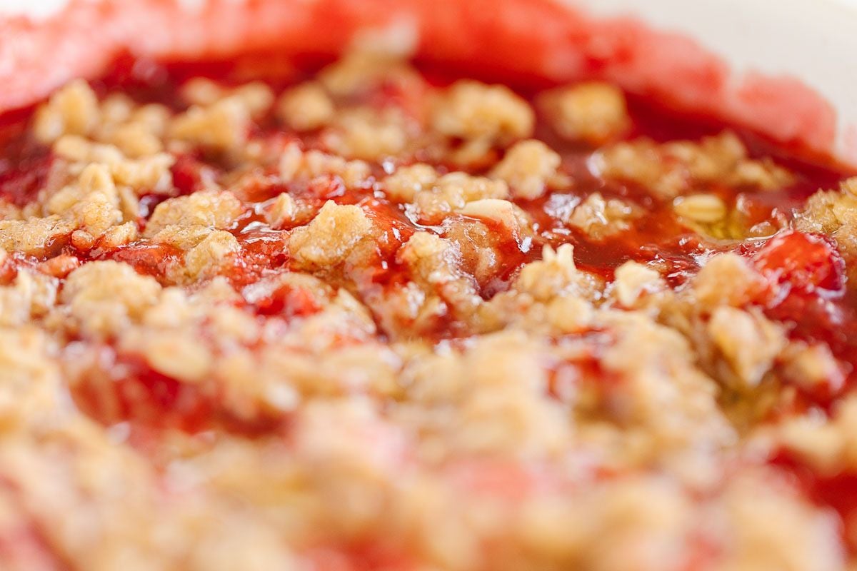 Close up of strawberry crumble topping after baking