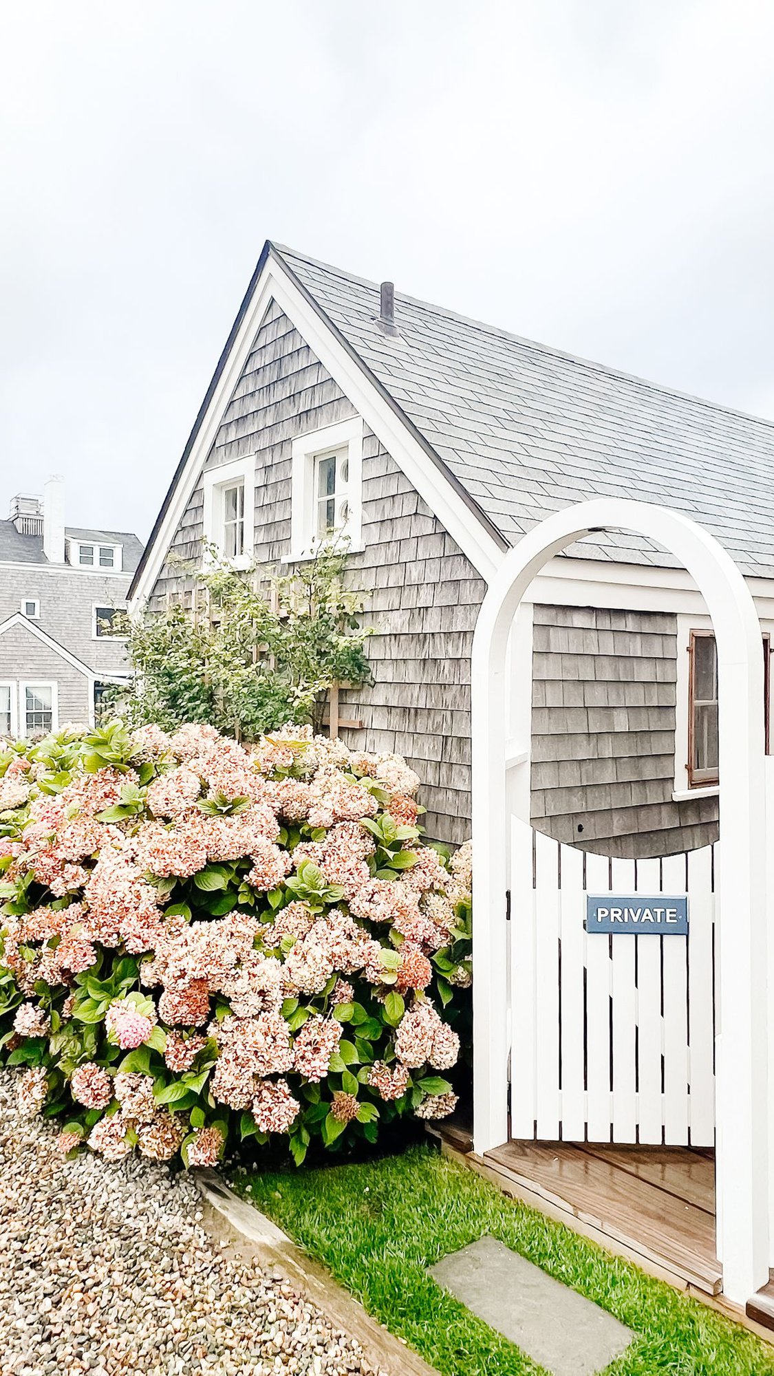 A shingled cottage with a white picket fence and hydrangeas in front, on Nantucket