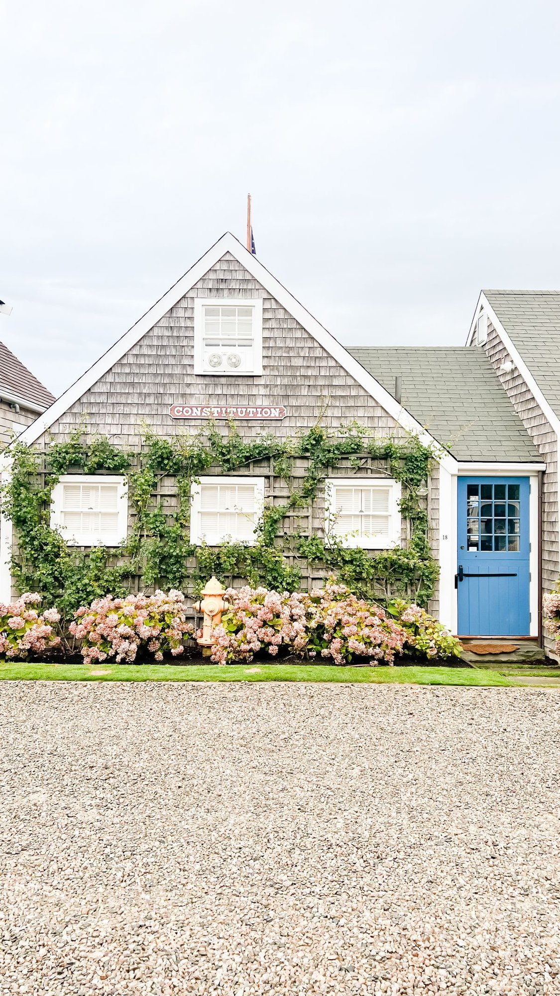 A shingled cottage on Nantucket, with faded hydrangeas and a blue door