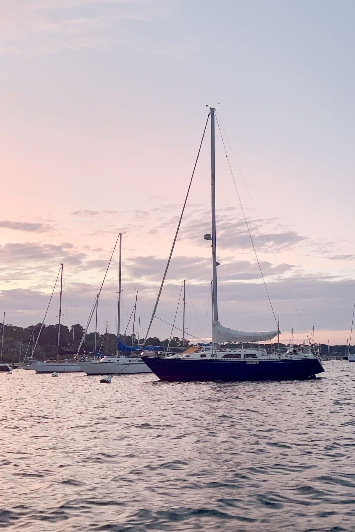 A Martha's Vineyard beach and ocean scene, with sailboats throughout