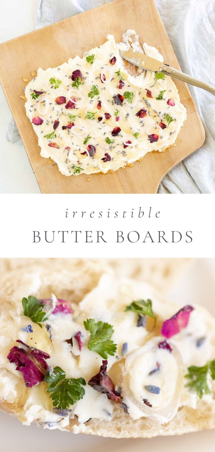 a board with butter and various toppings and a piece of bread with butter and various topping on it