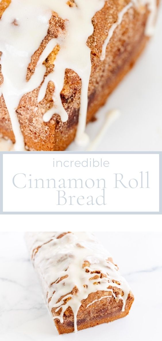 cinnamon roll bread with icing being spread on it and bottom image cinnamon roll cut in slices with caption "amazing cinnamon roll bread