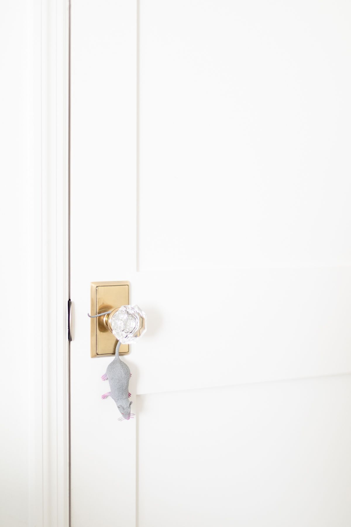 A white door with a glass doorknob, with a gray Amazon Halloween mouse hanging from the knob