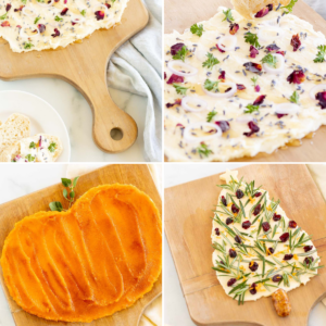 A graphic image combining three different pictures of butter boards - one for Christmas, one traditional, and one in the shape of a pumpkin