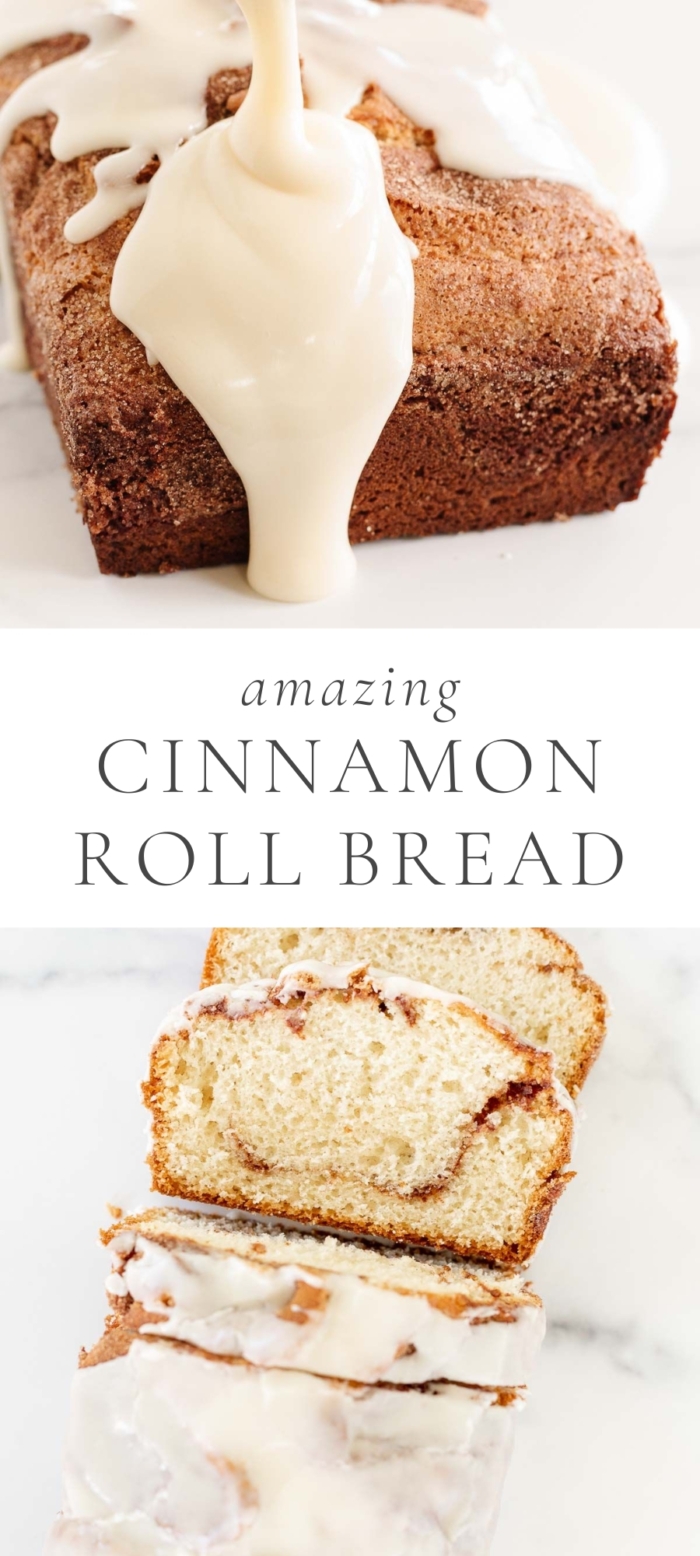 cinnamon roll bread with icing being spread on it and bottom image cinnamon roll cut in slices with caption "amazing cinnamon roll bread"