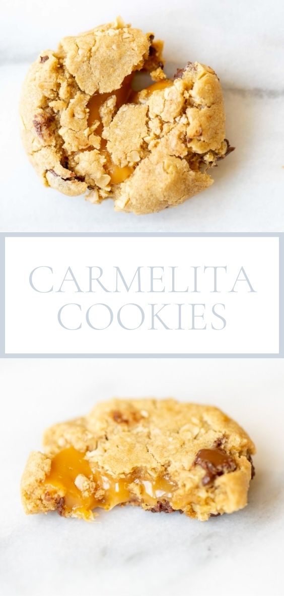 A carmelita cookie on a white marble surface, torn into two pieces.