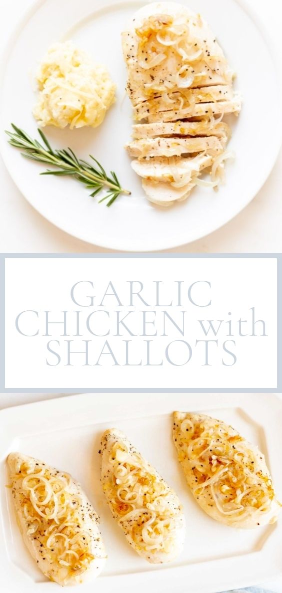 Garlic chicken with shallots is plated on a gold plate on a marble counter top.