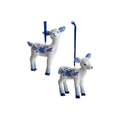 Two blue and white Christmas deer ornaments hanging on a string.