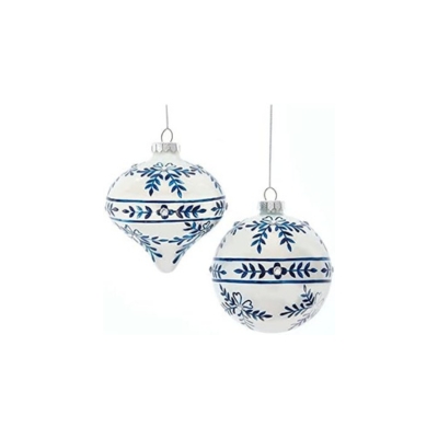 Two blue and white Christmas decorations hanging on a white background.