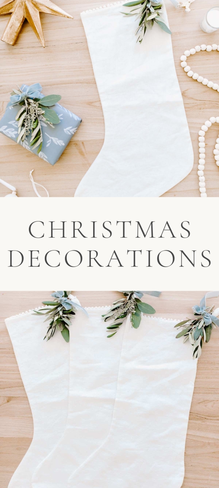 images of white stockings with stars and green christmas decorations with caption in the middle saying "Christmas decorations"