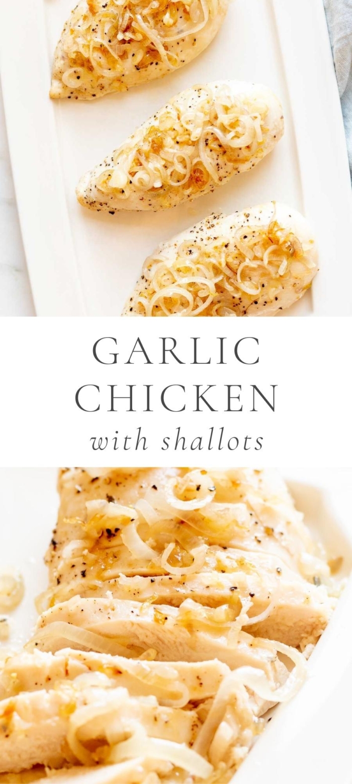 garlic chicken with shallots in white plates