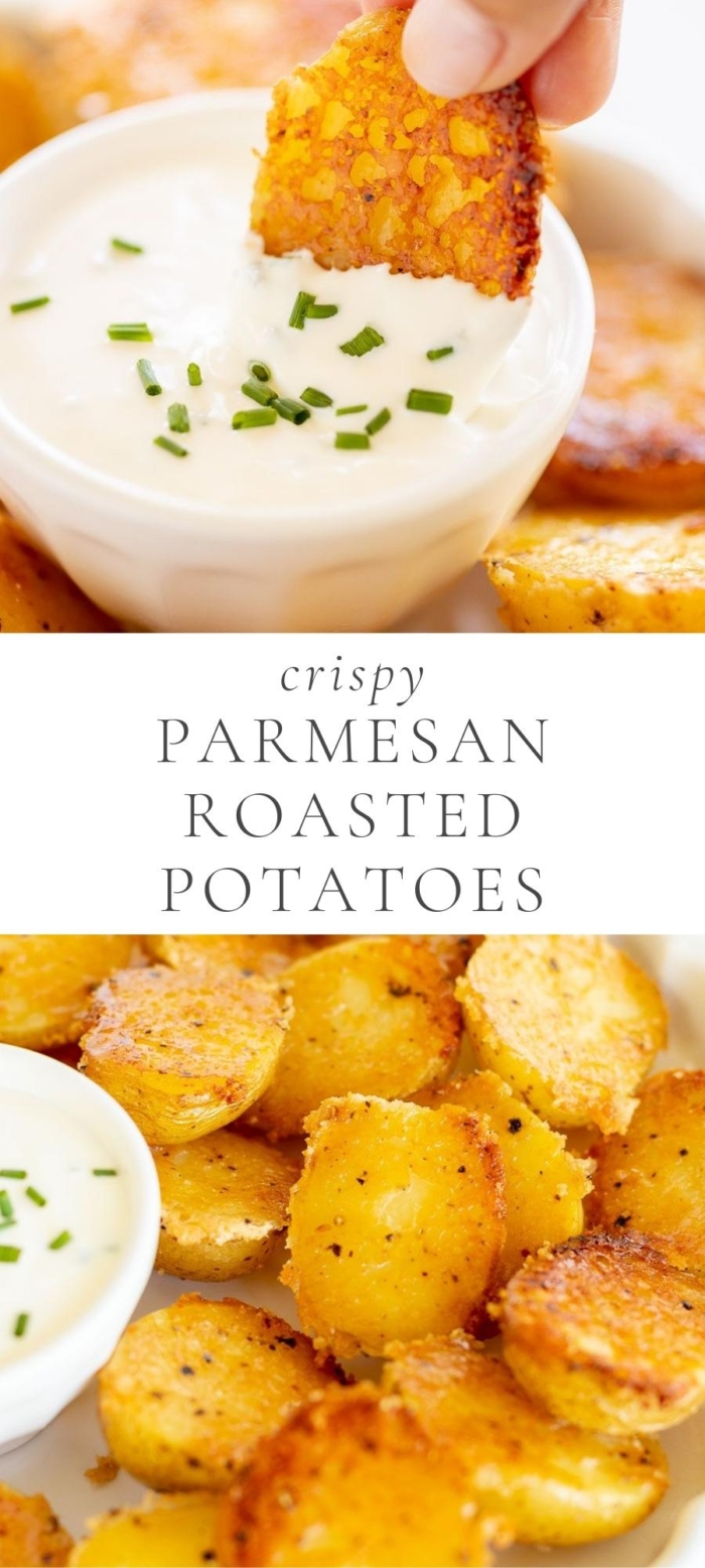 Crispy Parmesan Roasted Potatoes dipped in ranch sauce in white bowl