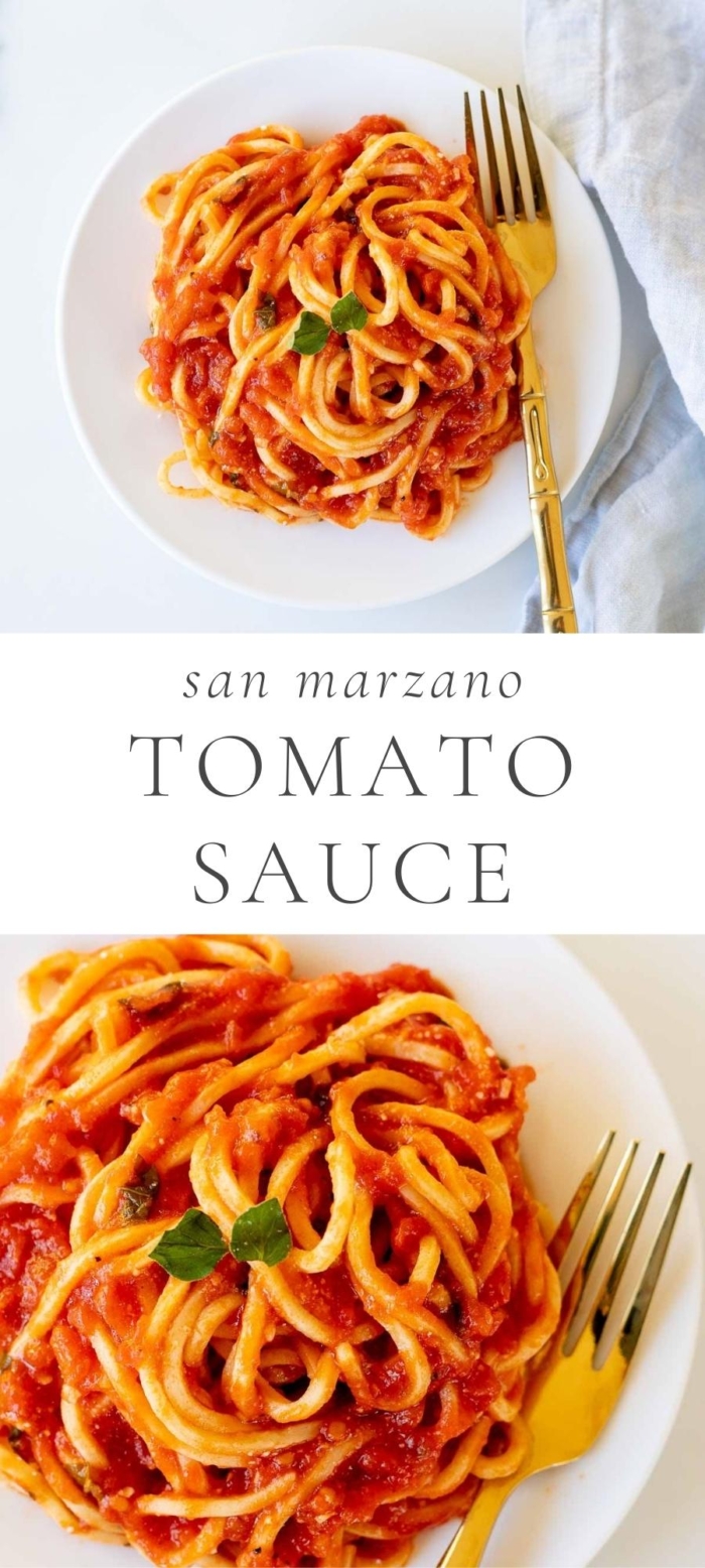 San Marzano Tomato Sauce with pasta and gold fork on white plate and blue napkin