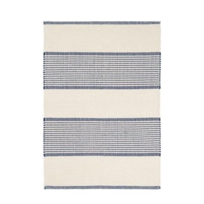 una alfombra de rayas azules y blancas sobre un fondo blanco