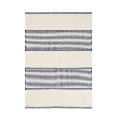 a blue and white striped rug on a white background