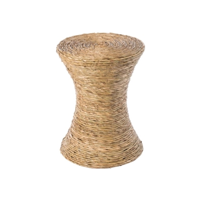 a small rattan side table with an hourglass shape