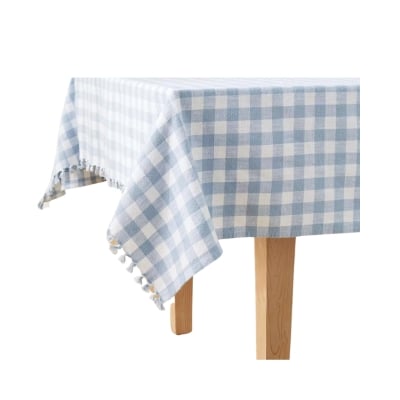a blue and white checked gingham table cloth.