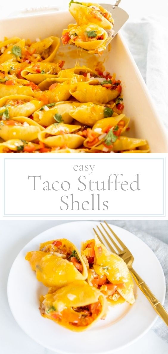 Pictured is taco stuffed shells in a white baking dish and on a white plate with a golden fork!