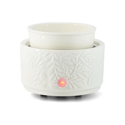 A white ceramic warmer with a red light on it, perfect for Black Friday deals.