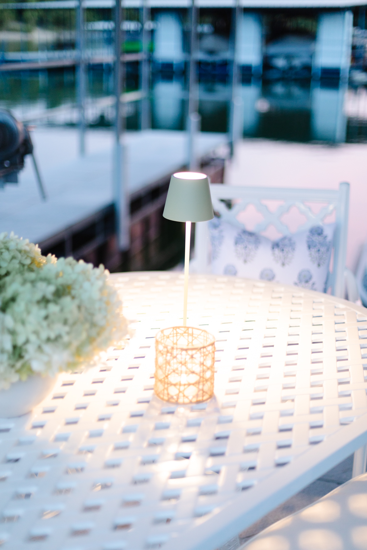An led table lamp on an outdoor dining table