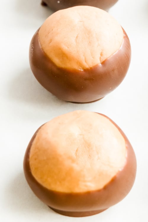 A group of chocolate covered donuts on a white surface, resembling a delectable buckeye recipe.