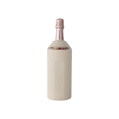 A bottle of champagne, perfect for special gift ideas, sitting gracefully on a pristine white surface.