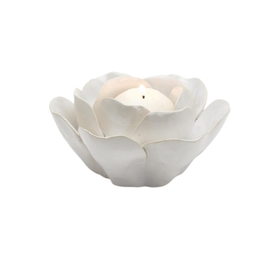 A white flower shaped candle holder, perfect for gift ideas, against a clean white background.