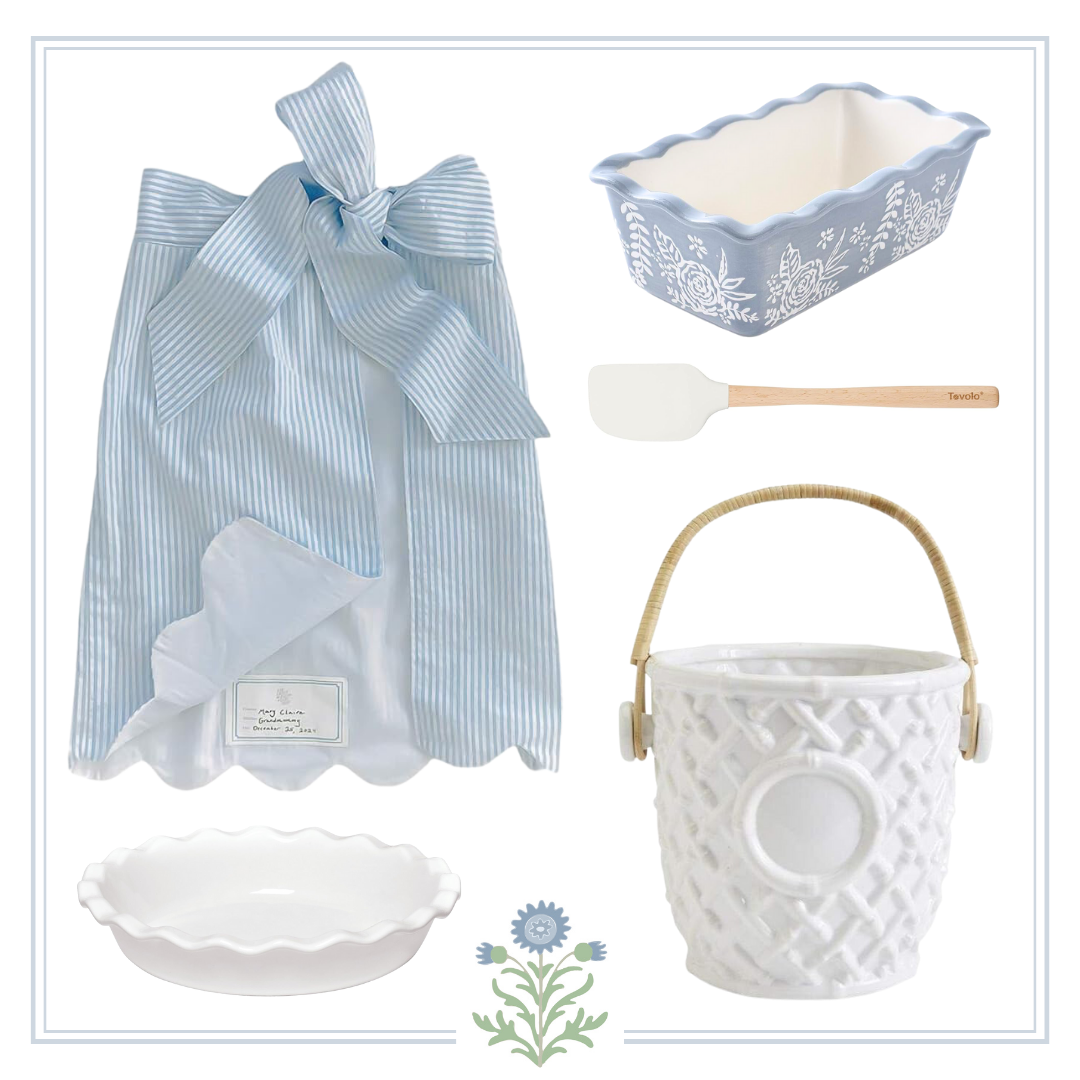 A collection of blue and white kitchen items, perfect for gift ideas.
