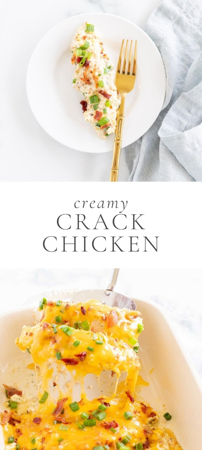 creamy crack chicken in white plate next to blue napkin