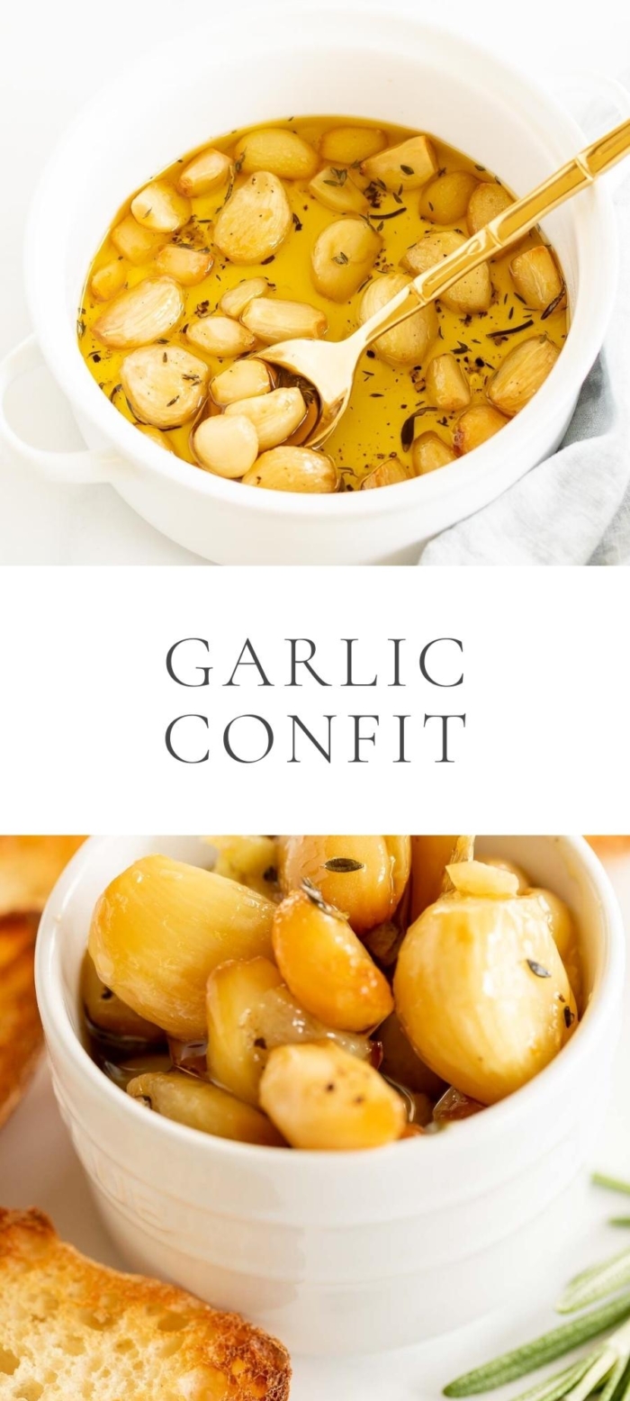 garlic confit in white bowl with gold spoon