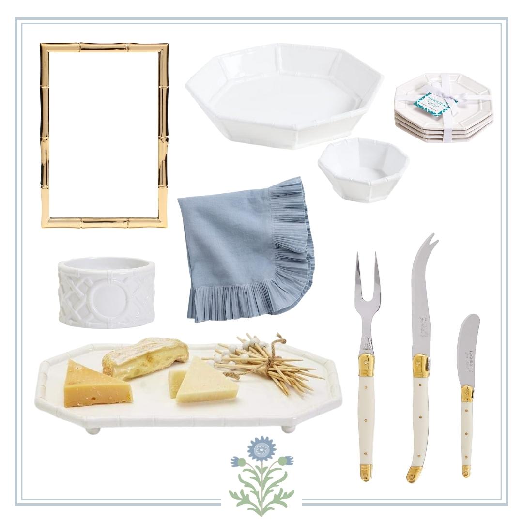 Looking for gift ideas? Check out this creatively arranged table setting featuring a delightful assortment of cheese, bread, and an elegant frame.