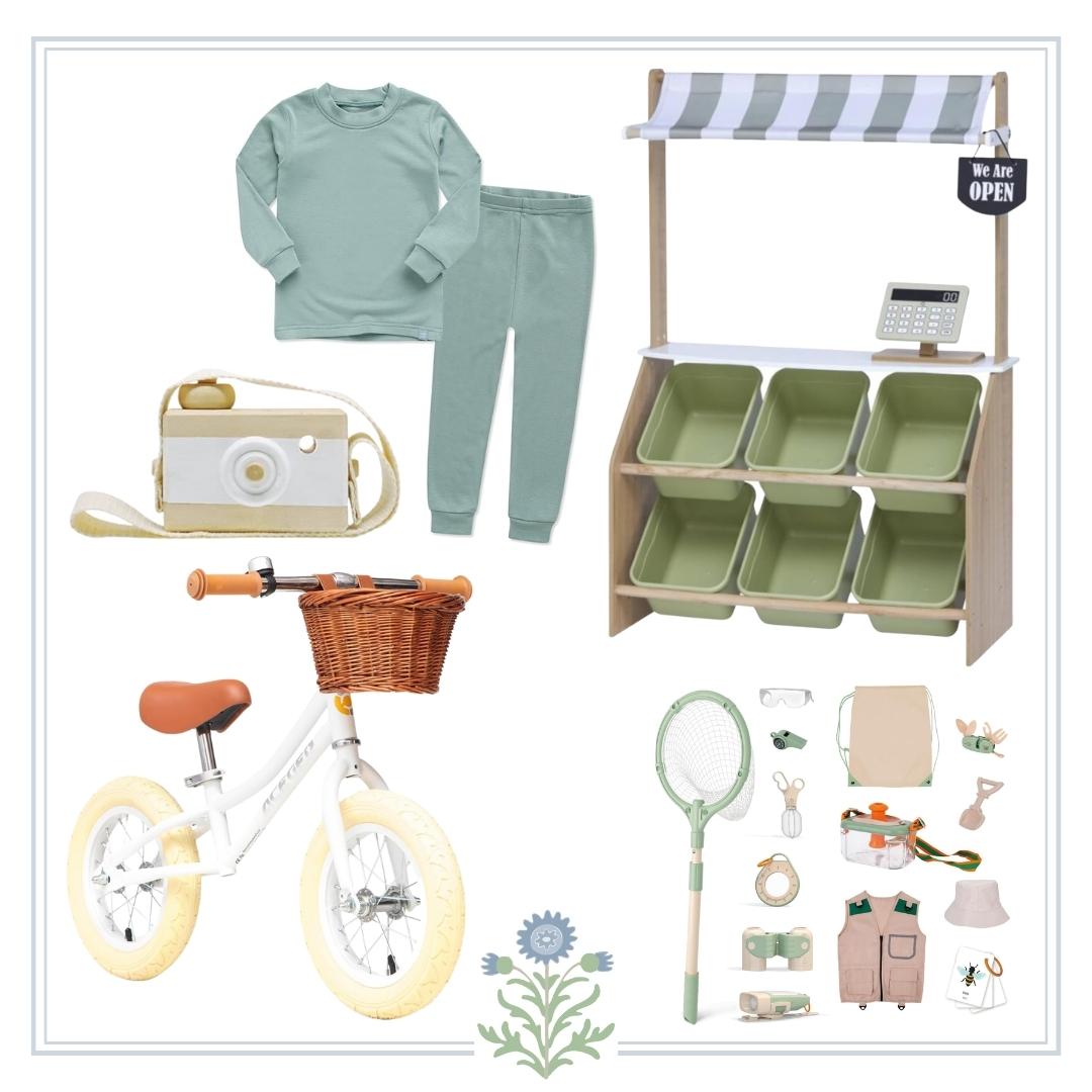 Explore an enchanting collage of gift ideas, showcasing a delightful assortment of children's clothing and accessories. Let your imagination roam as you discover the perfect ensemble alongside a charming bike and basket.