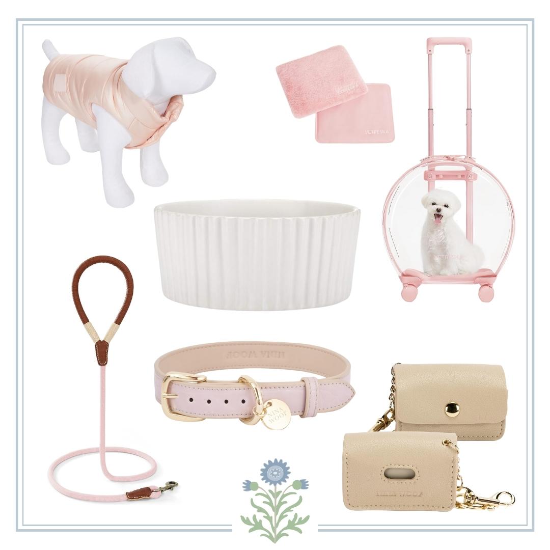 A collection of pink dog accessories, perfect gift ideas for dog owners, including a stylish purse and a trendy bag.