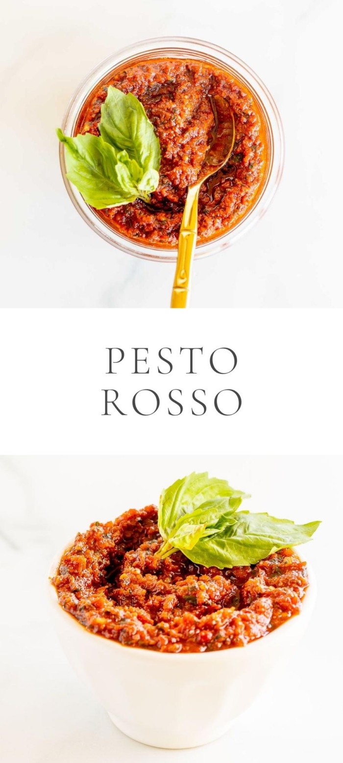 pesto rosso with basil in white bowl with gold spoon