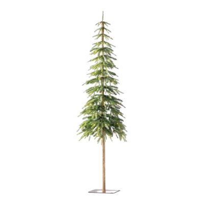 A sparse spruce tree on a stand against a white background.