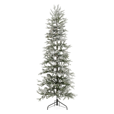 A sparse artificial Christmas tree on a stand against a white background.