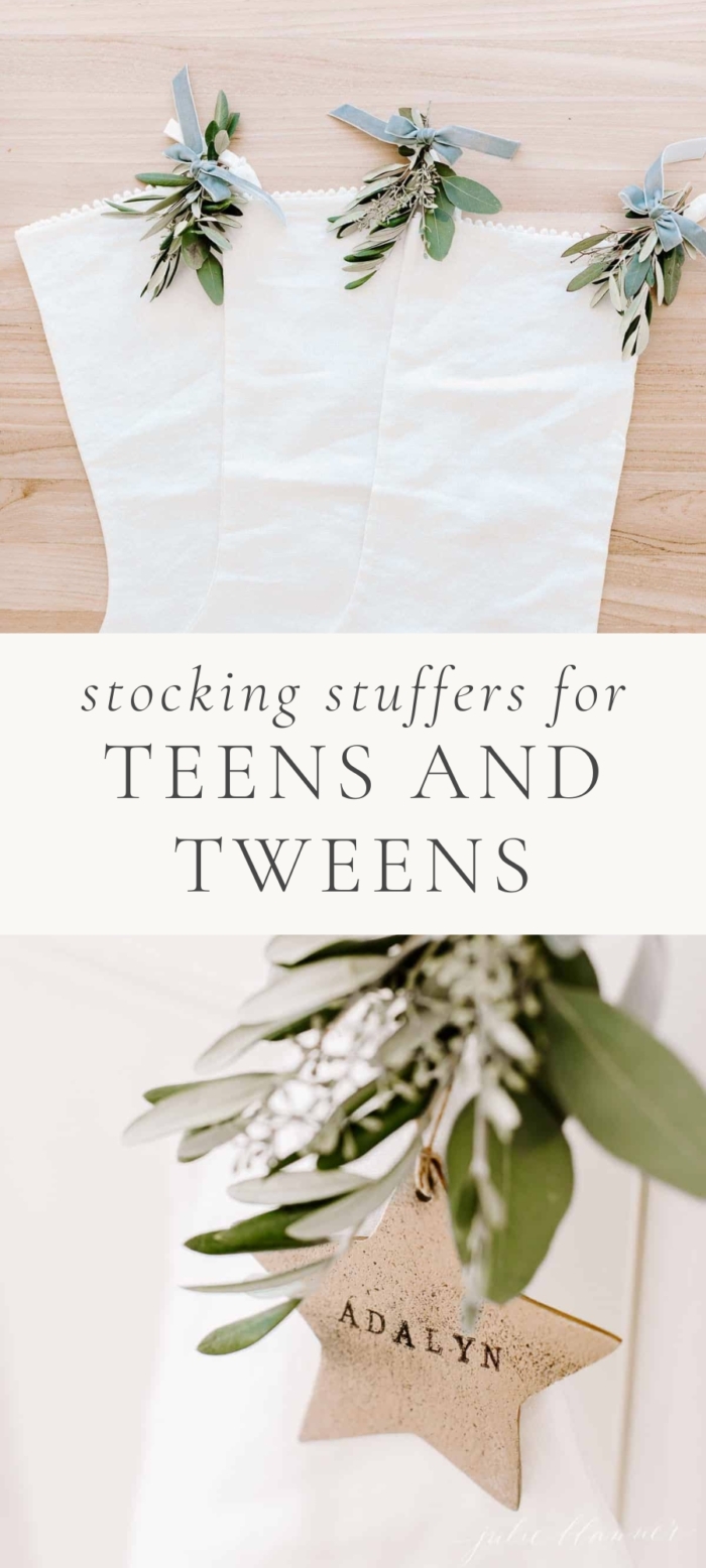 images of white stocking with green decoration on the top and image of a hanging stocking with star and name Adalyn written on it and caption in the middle saying "Stocking Stuffers For Tweens And Teens"