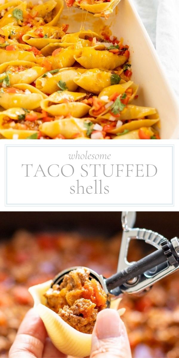 Top photo is a corner of a baking dish with taco stuffed shells. Bottom photo is someone holding a shell and stuffing it with the taco mixture using a silver metal scoop