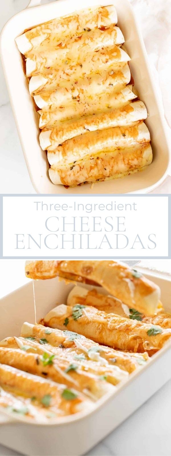 Cheesy baked enchiladas in rectangular white baking dish